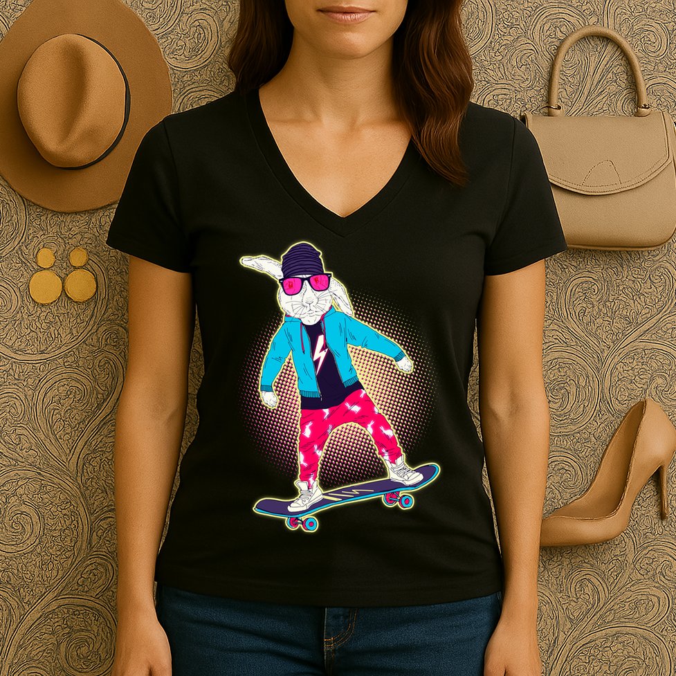 Funny Cool Skateboarding Easter Bunny Rabbit Women's V-Neck T-Shirt