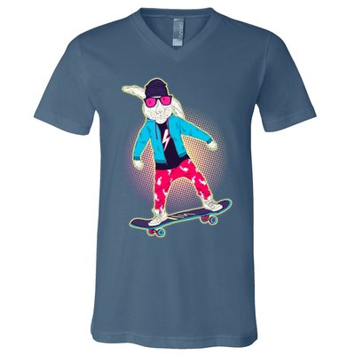 Funny Cool Skateboarding Easter Bunny Rabbit V-Neck T-Shirt
