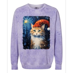 Funny Cat Santa Hat Christmas Van Gogh Starry Night Painting Funny Gift Colorblast Crewneck Sweatshirt