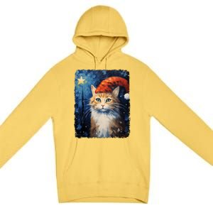 Funny Cat Santa Hat Christmas Van Gogh Starry Night Painting Funny Gift Premium Pullover Hoodie