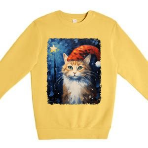 Funny Cat Santa Hat Christmas Van Gogh Starry Night Painting Funny Gift Premium Crewneck Sweatshirt