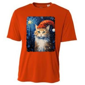 Funny Cat Santa Hat Christmas Van Gogh Starry Night Painting Funny Gift Cooling Performance Crew T-Shirt