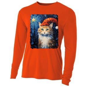 Funny Cat Santa Hat Christmas Van Gogh Starry Night Painting Funny Gift Cooling Performance Long Sleeve Crew