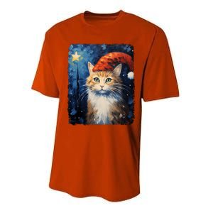 Funny Cat Santa Hat Christmas Van Gogh Starry Night Painting Funny Gift Performance Sprint T-Shirt