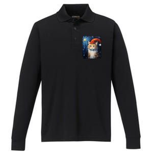 Funny Cat Santa Hat Christmas Van Gogh Starry Night Painting Funny Gift Performance Long Sleeve Polo