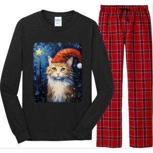 Funny Cat Santa Hat Christmas Van Gogh Starry Night Painting Funny Gift Long Sleeve Pajama Set