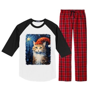 Funny Cat Santa Hat Christmas Van Gogh Starry Night Painting Funny Gift Raglan Sleeve Pajama Set