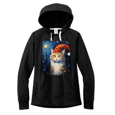 Funny Cat Santa Hat Christmas Van Gogh Starry Night Painting Funny Gift Women's Fleece Hoodie