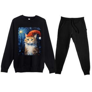 Funny Cat Santa Hat Christmas Van Gogh Starry Night Painting Funny Gift Premium Crewneck Sweatsuit Set