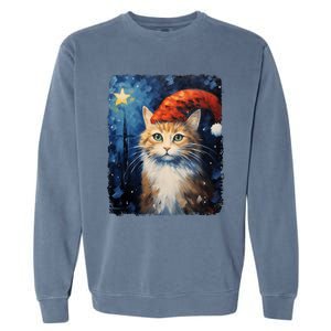 Funny Cat Santa Hat Christmas Van Gogh Starry Night Painting Funny Gift Garment-Dyed Sweatshirt