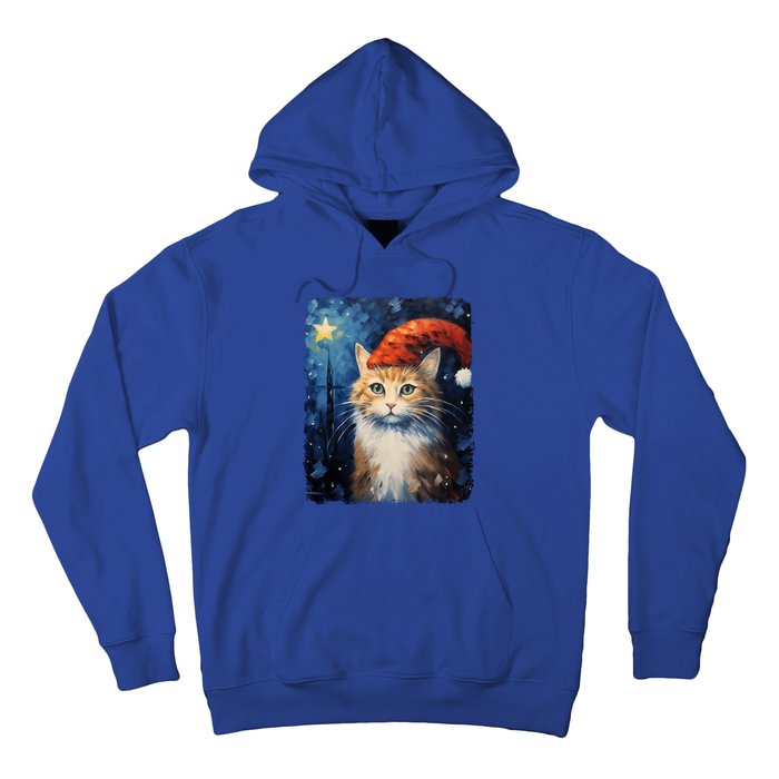 Funny Cat Santa Hat Christmas Van Gogh Starry Night Painting Funny Gift Hoodie