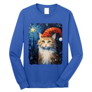 Funny Cat Santa Hat Christmas Van Gogh Starry Night Painting Funny Gift Long Sleeve Shirt