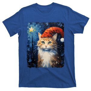 Funny Cat Santa Hat Christmas Van Gogh Starry Night Painting Funny Gift T-Shirt