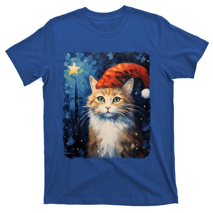 Funny Cat Santa Hat Christmas Van Gogh Starry Night Painting Funny Gift T-Shirt