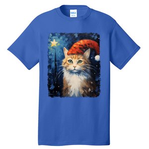 Funny Cat Santa Hat Christmas Van Gogh Starry Night Painting Funny Gift Tall T-Shirt