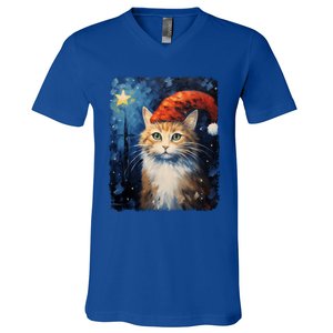 Funny Cat Santa Hat Christmas Van Gogh Starry Night Painting Funny Gift V-Neck T-Shirt