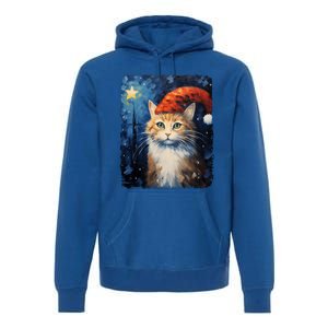 Funny Cat Santa Hat Christmas Van Gogh Starry Night Painting Funny Gift Premium Hoodie