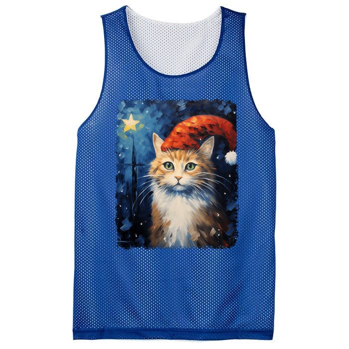 Funny Cat Santa Hat Christmas Van Gogh Starry Night Painting Funny Gift Mesh Reversible Basketball Jersey Tank