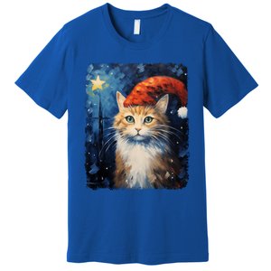 Funny Cat Santa Hat Christmas Van Gogh Starry Night Painting Funny Gift Premium T-Shirt