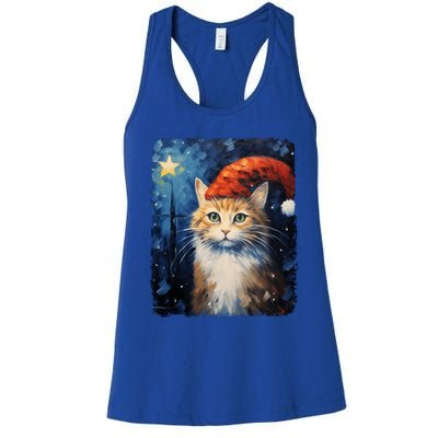 Funny Cat Santa Hat Christmas Van Gogh Starry Night Painting Funny Gift Women's Racerback Tank