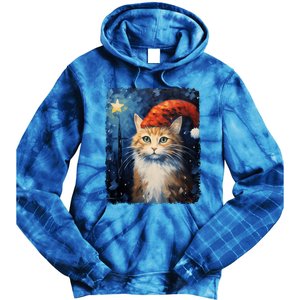 Funny Cat Santa Hat Christmas Van Gogh Starry Night Painting Funny Gift Tie Dye Hoodie