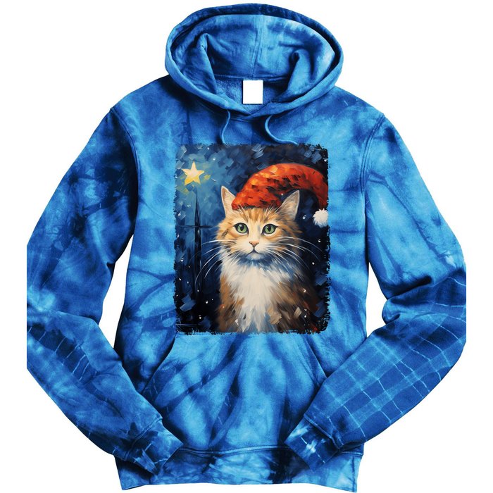 Funny Cat Santa Hat Christmas Van Gogh Starry Night Painting Funny Gift Tie Dye Hoodie