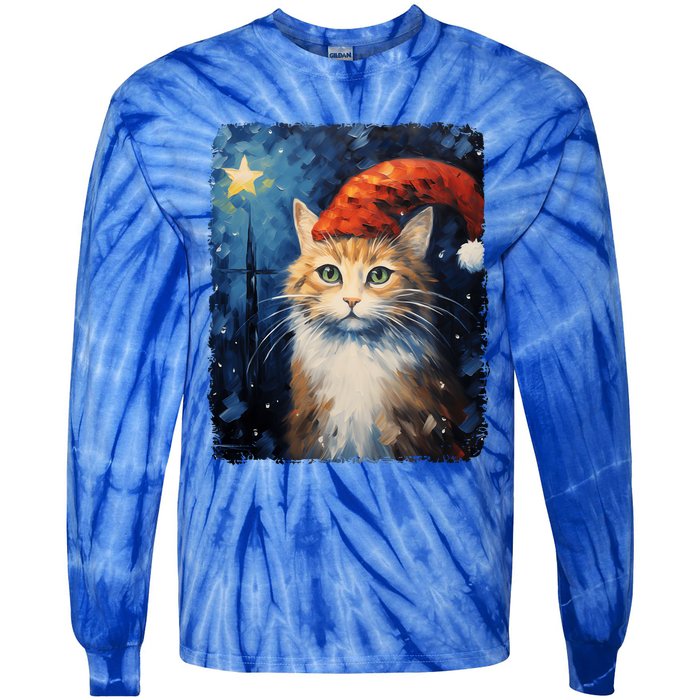 Funny Cat Santa Hat Christmas Van Gogh Starry Night Painting Funny Gift Tie-Dye Long Sleeve Shirt