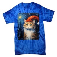 Funny Cat Santa Hat Christmas Van Gogh Starry Night Painting Funny Gift Tie-Dye T-Shirt