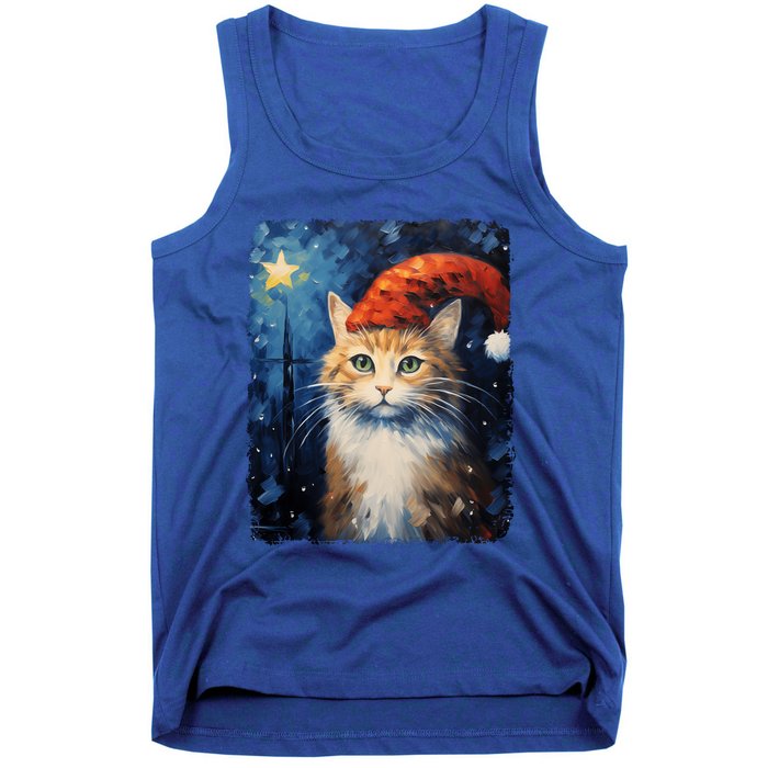 Funny Cat Santa Hat Christmas Van Gogh Starry Night Painting Funny Gift Tank Top