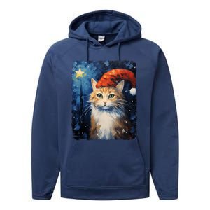 Funny Cat Santa Hat Christmas Van Gogh Starry Night Painting Funny Gift Performance Fleece Hoodie