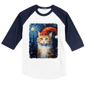 Funny Cat Santa Hat Christmas Van Gogh Starry Night Painting Funny Gift Baseball Sleeve Shirt