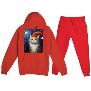 Funny Cat Santa Hat Christmas Van Gogh Starry Night Painting Funny Gift Premium Hooded Sweatsuit Set