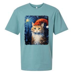 Funny Cat Santa Hat Christmas Van Gogh Starry Night Painting Funny Gift Sueded Cloud Jersey T-Shirt