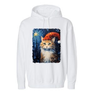 Funny Cat Santa Hat Christmas Van Gogh Starry Night Painting Funny Gift Garment-Dyed Fleece Hoodie