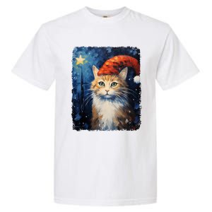 Funny Cat Santa Hat Christmas Van Gogh Starry Night Painting Funny Gift Garment-Dyed Heavyweight T-Shirt