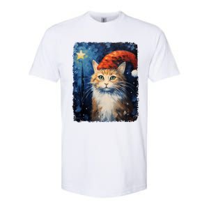 Funny Cat Santa Hat Christmas Van Gogh Starry Night Painting Funny Gift Softstyle CVC T-Shirt