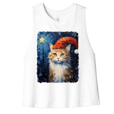 Funny Cat Santa Hat Christmas Van Gogh Starry Night Painting Funny Gift Women's Racerback Cropped Tank