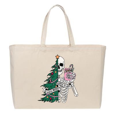 Funny Christmas Sorta Merry Sorta Scary Skeleton Xmas Tree Cotton Canvas Jumbo Tote