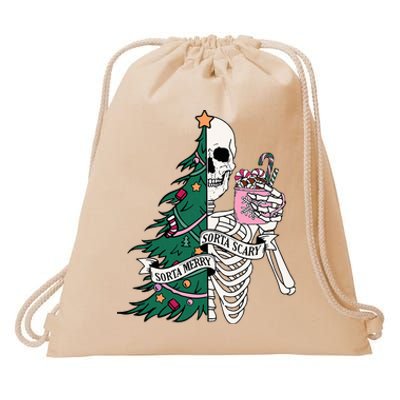 Funny Christmas Sorta Merry Sorta Scary Skeleton Xmas Tree Drawstring Bag