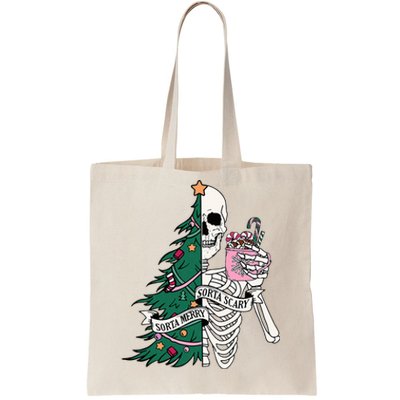 Funny Christmas Sorta Merry Sorta Scary Skeleton Xmas Tree Tote Bag