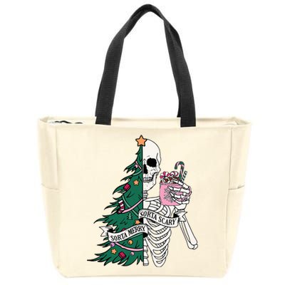 Funny Christmas Sorta Merry Sorta Scary Skeleton Xmas Tree Zip Tote Bag