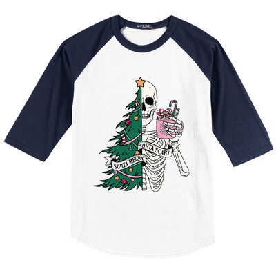 Funny Christmas Sorta Merry Sorta Scary Skeleton Xmas Tree Baseball Sleeve Shirt