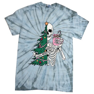 Funny Christmas Sorta Merry Sorta Scary Skeleton Xmas Tree Tie-Dye T-Shirt