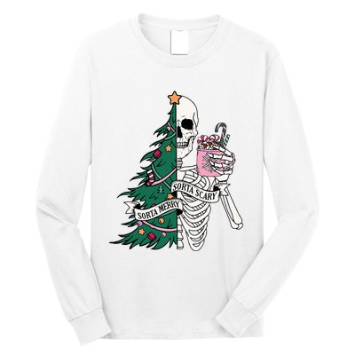 Funny Christmas Sorta Merry Sorta Scary Skeleton Xmas Tree Long Sleeve Shirt