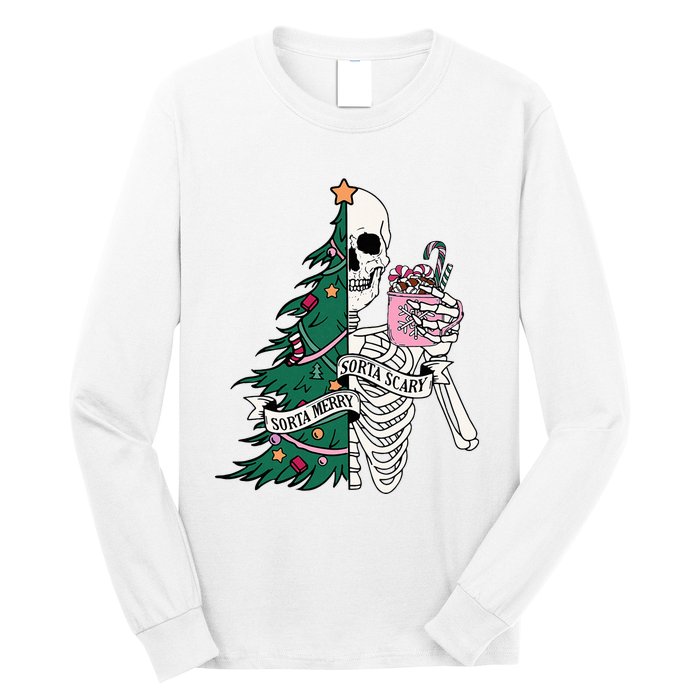 Funny Christmas Sorta Merry Sorta Scary Skeleton Xmas Tree Long Sleeve Shirt