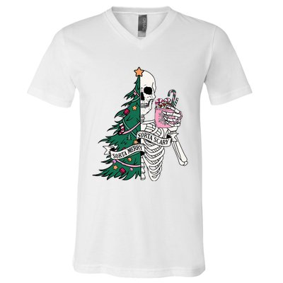 Funny Christmas Sorta Merry Sorta Scary Skeleton Xmas Tree V-Neck T-Shirt