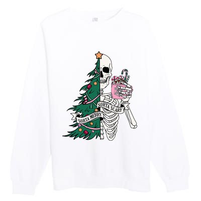 Funny Christmas Sorta Merry Sorta Scary Skeleton Xmas Tree Premium Crewneck Sweatshirt