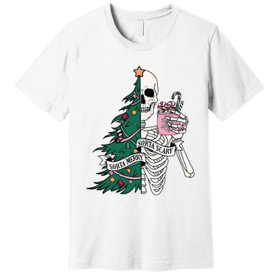 Funny Christmas Sorta Merry Sorta Scary Skeleton Xmas Tree Premium T-Shirt