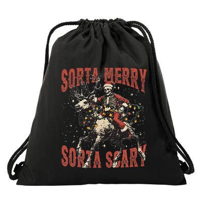 Funny Christmas Sorta Merry Sorta Scary Skeleton Xmas Tree Drawstring Bag