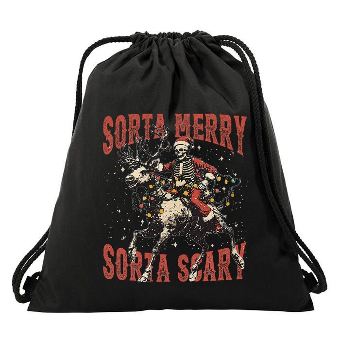 Funny Christmas Sorta Merry Sorta Scary Skeleton Xmas Tree Drawstring Bag